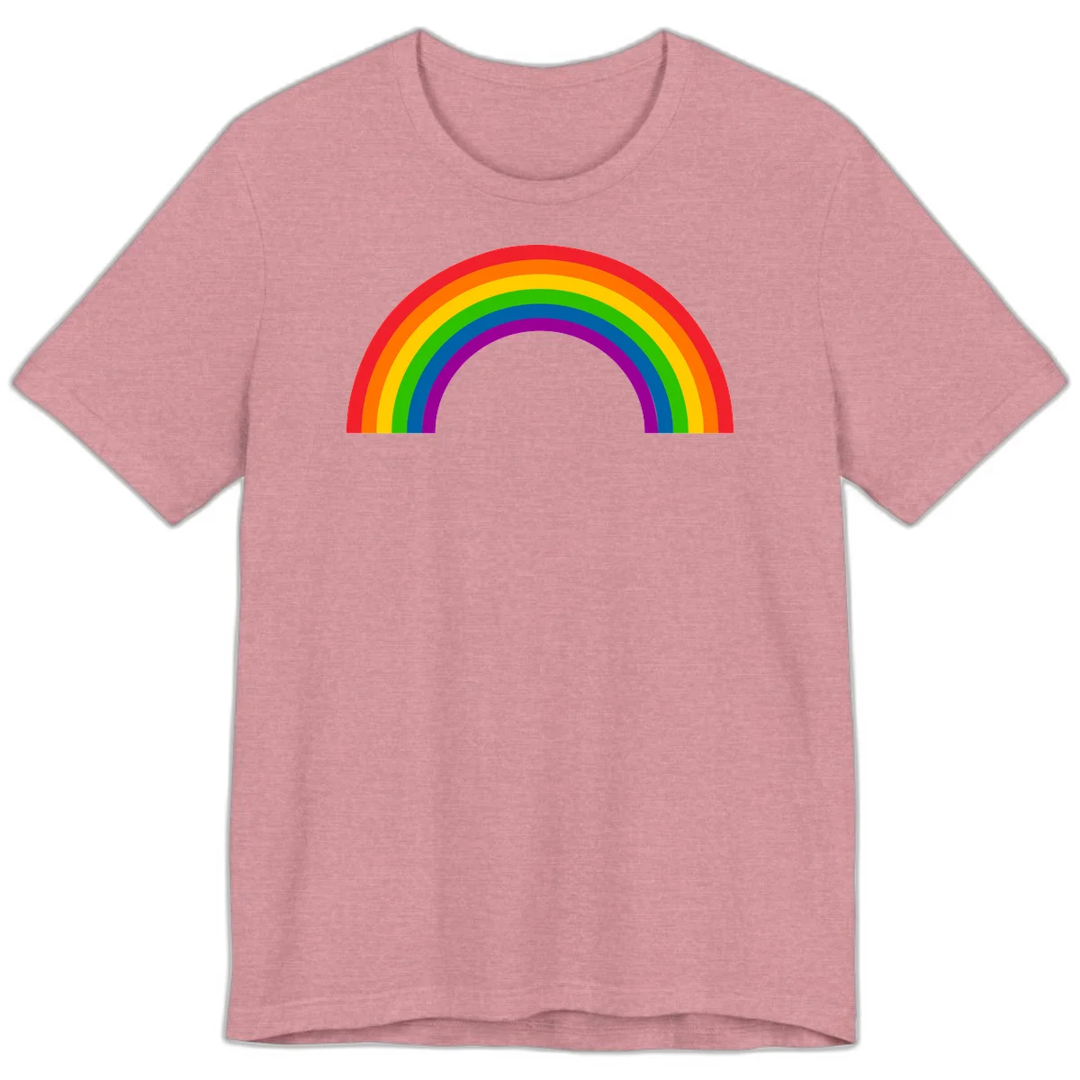 Rainbow pride arc with seven concentric colored stripes in red, orange, yellow, green, blue, purple, and magenta forming a semicircle against gray background in Heather Orchid