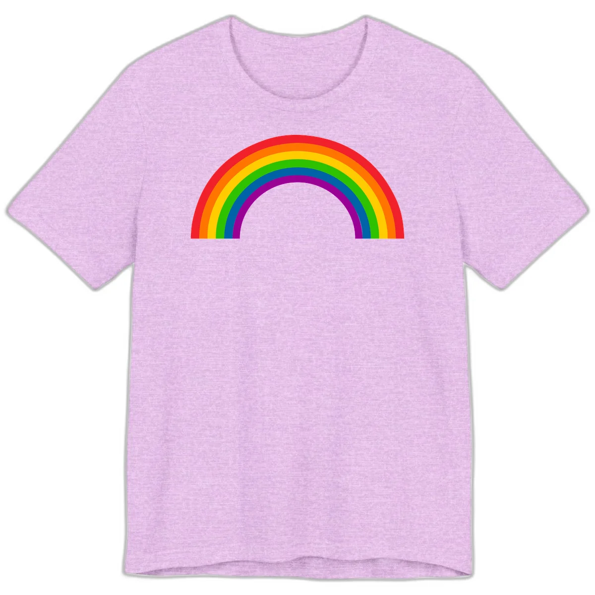 Rainbow pride arc with seven concentric colored stripes in red, orange, yellow, green, blue, purple, and magenta forming a semicircle against gray background in Heather Prism Lilac