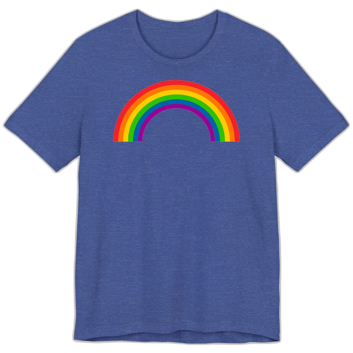 Rainbow pride arc with seven concentric colored stripes in red, orange, yellow, green, blue, purple, and magenta forming a semicircle against gray background in Heather True Royal