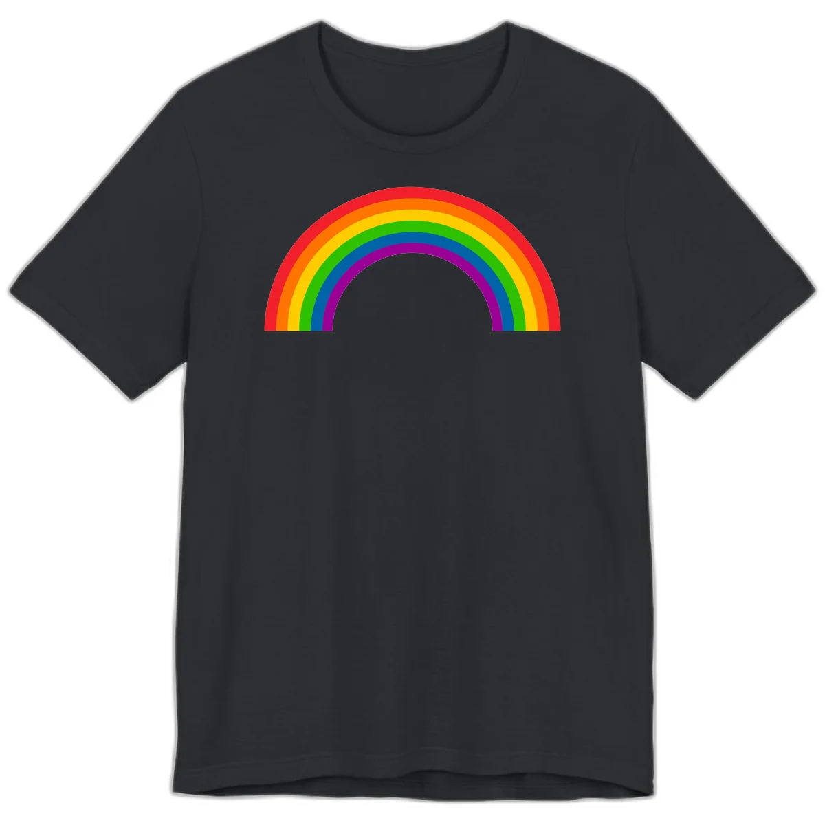 Rainbow pride arc with seven concentric colored stripes in red, orange, yellow, green, blue, purple, and magenta forming a semicircle against gray background in Vintage Black