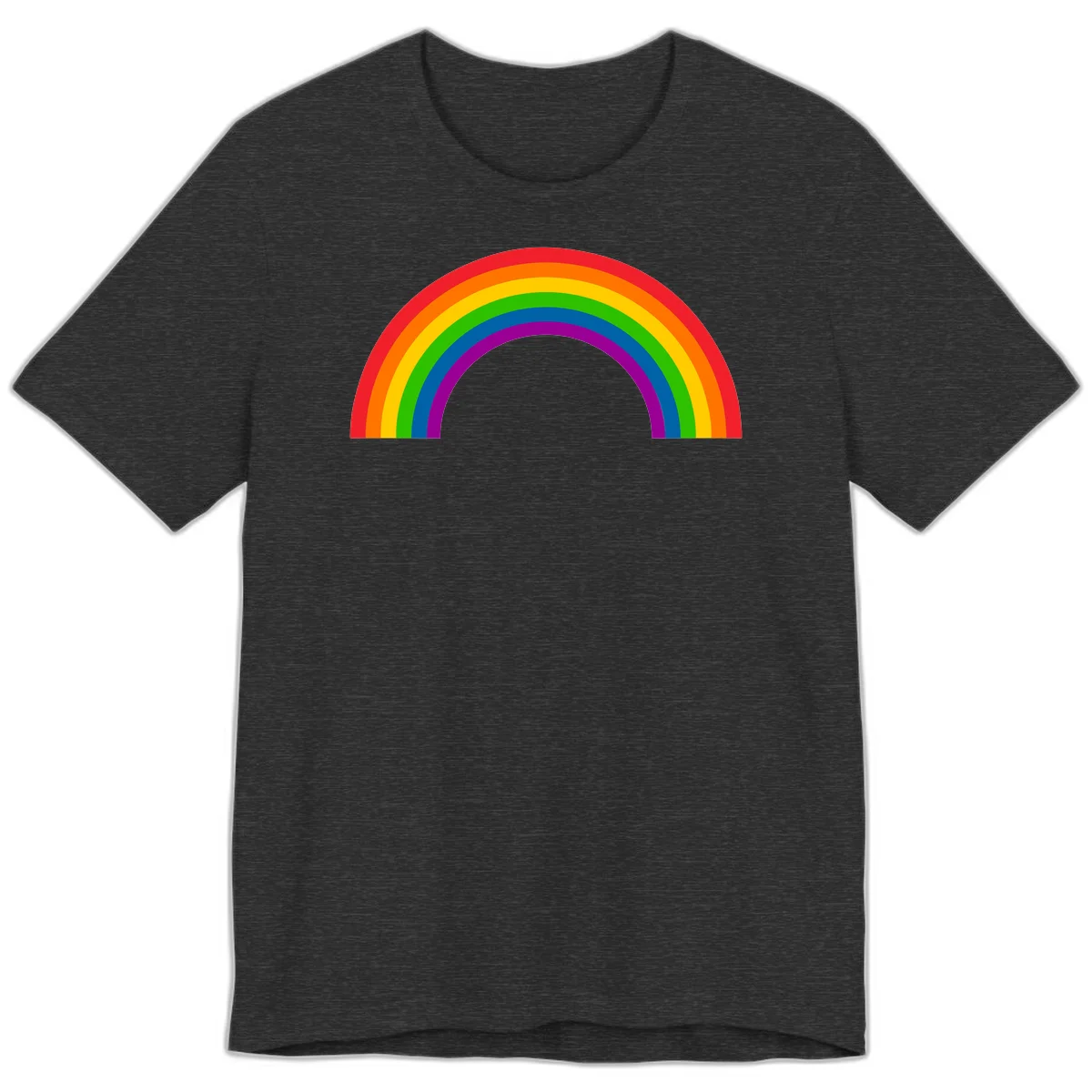Rainbow pride arc with seven concentric colored stripes in red, orange, yellow, green, blue, purple, and magenta forming a semicircle against gray background in Dark Grey Heather