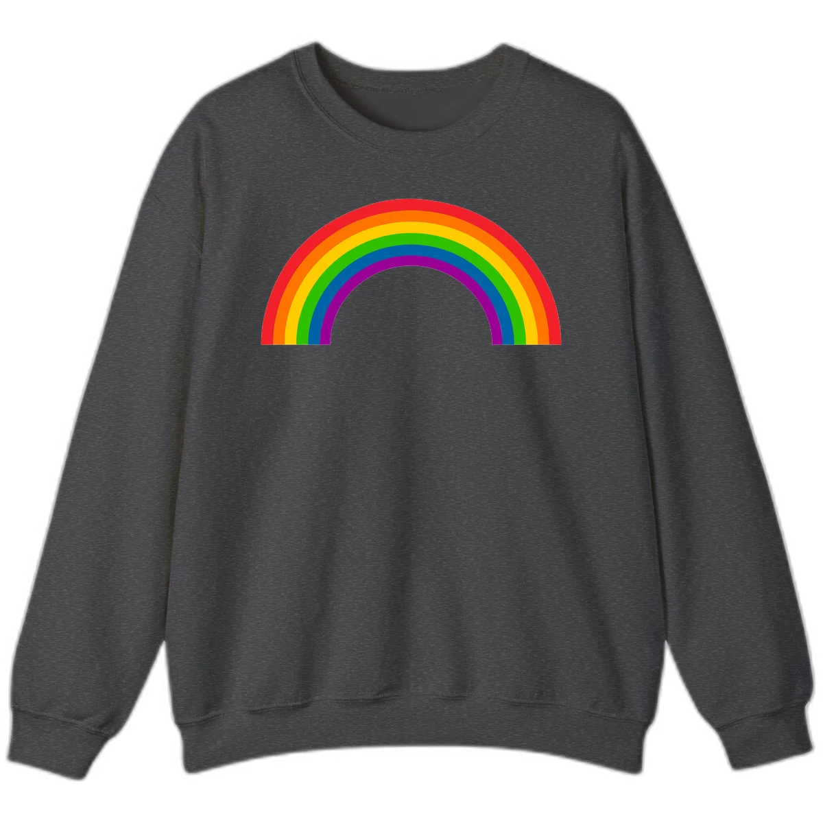 Rainbow pride arc with seven concentric colored stripes in red, orange, yellow, green, blue, purple, and magenta forming a semicircle against gray background in Dark Heather