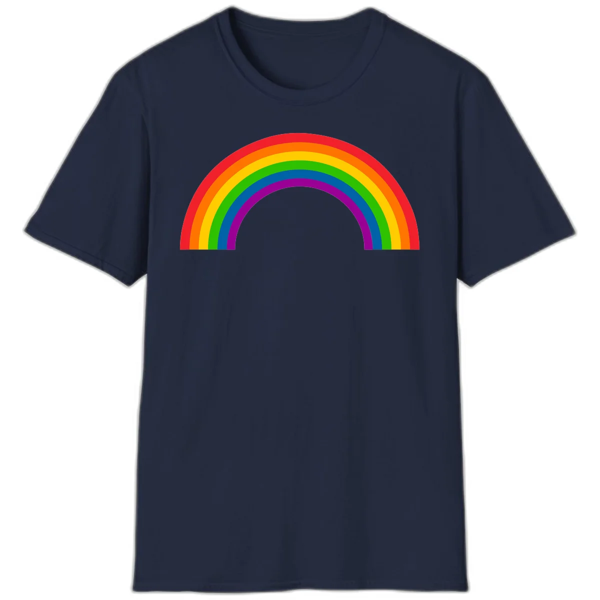 Rainbow pride arc with seven concentric colored stripes in red, orange, yellow, green, blue, purple, and magenta forming a semicircle against gray background in Navy