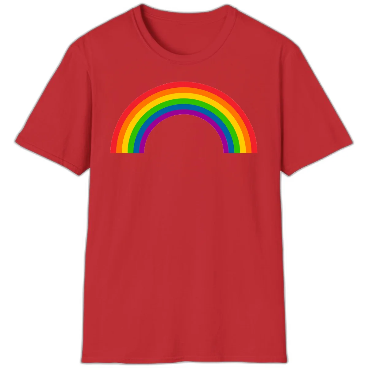 Rainbow pride arc with seven concentric colored stripes in red, orange, yellow, green, blue, purple, and magenta forming a semicircle against gray background in Red