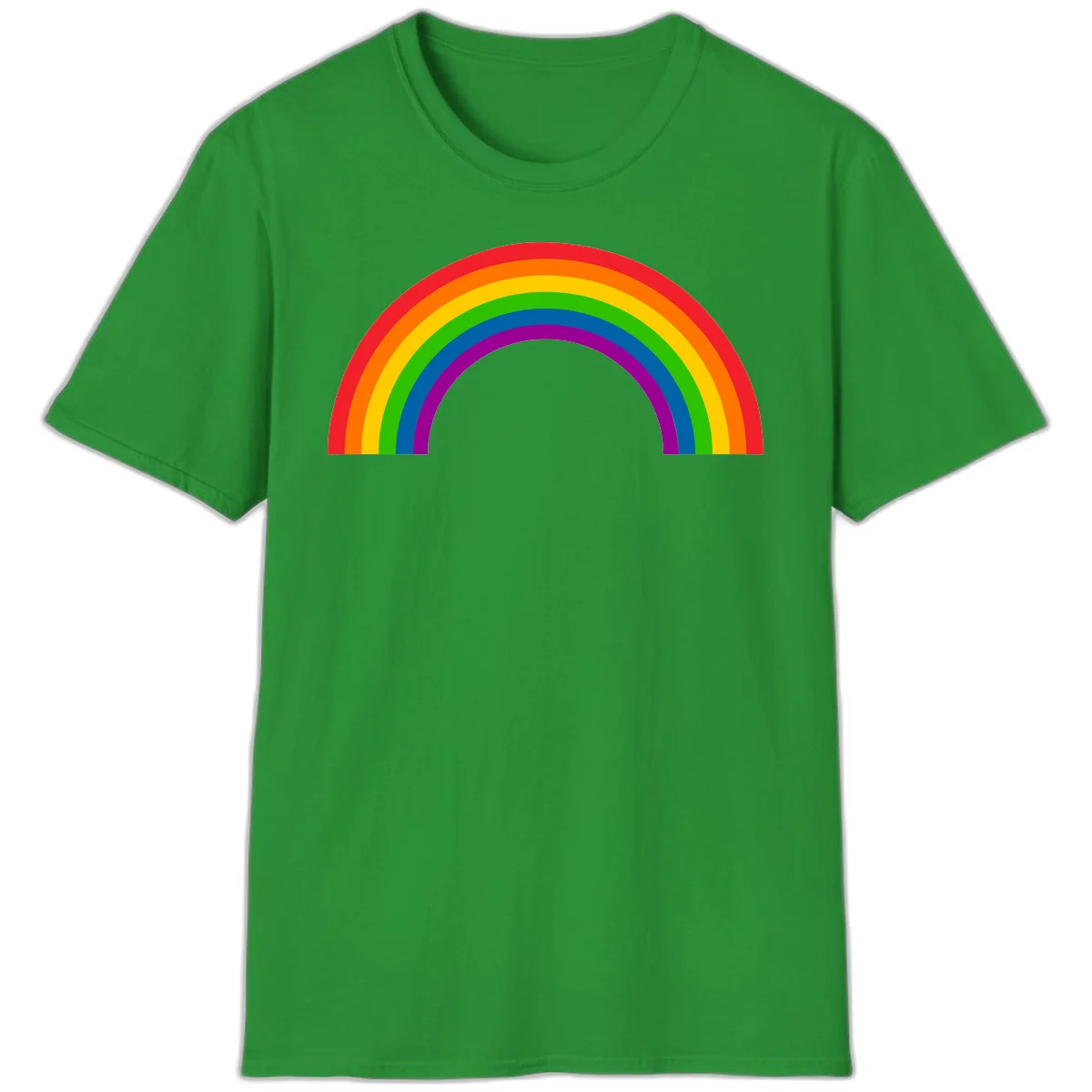 Rainbow pride arc with seven concentric colored stripes in red, orange, yellow, green, blue, purple, and magenta forming a semicircle against gray background in Irish Green