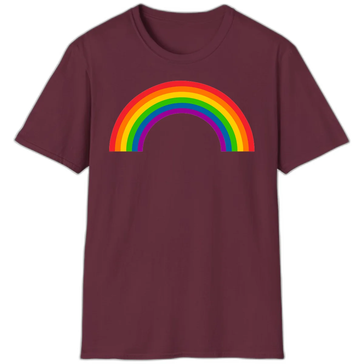 Rainbow pride arc with seven concentric colored stripes in red, orange, yellow, green, blue, purple, and magenta forming a semicircle against gray background in Maroon