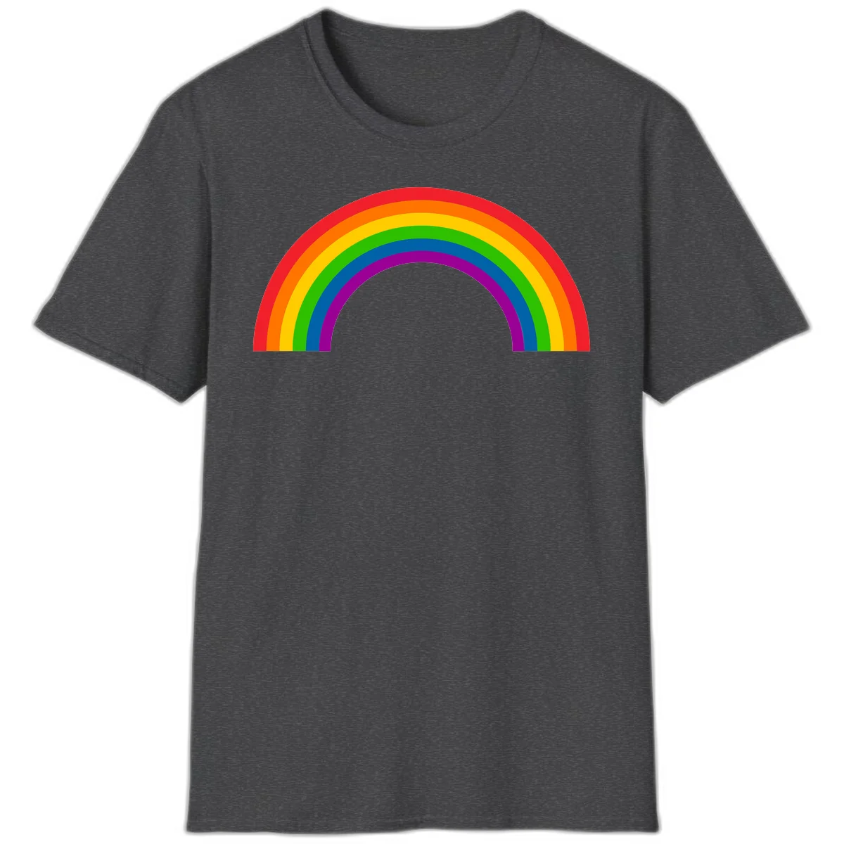 Rainbow pride arc with seven concentric colored stripes in red, orange, yellow, green, blue, purple, and magenta forming a semicircle against gray background in Dark Heather
