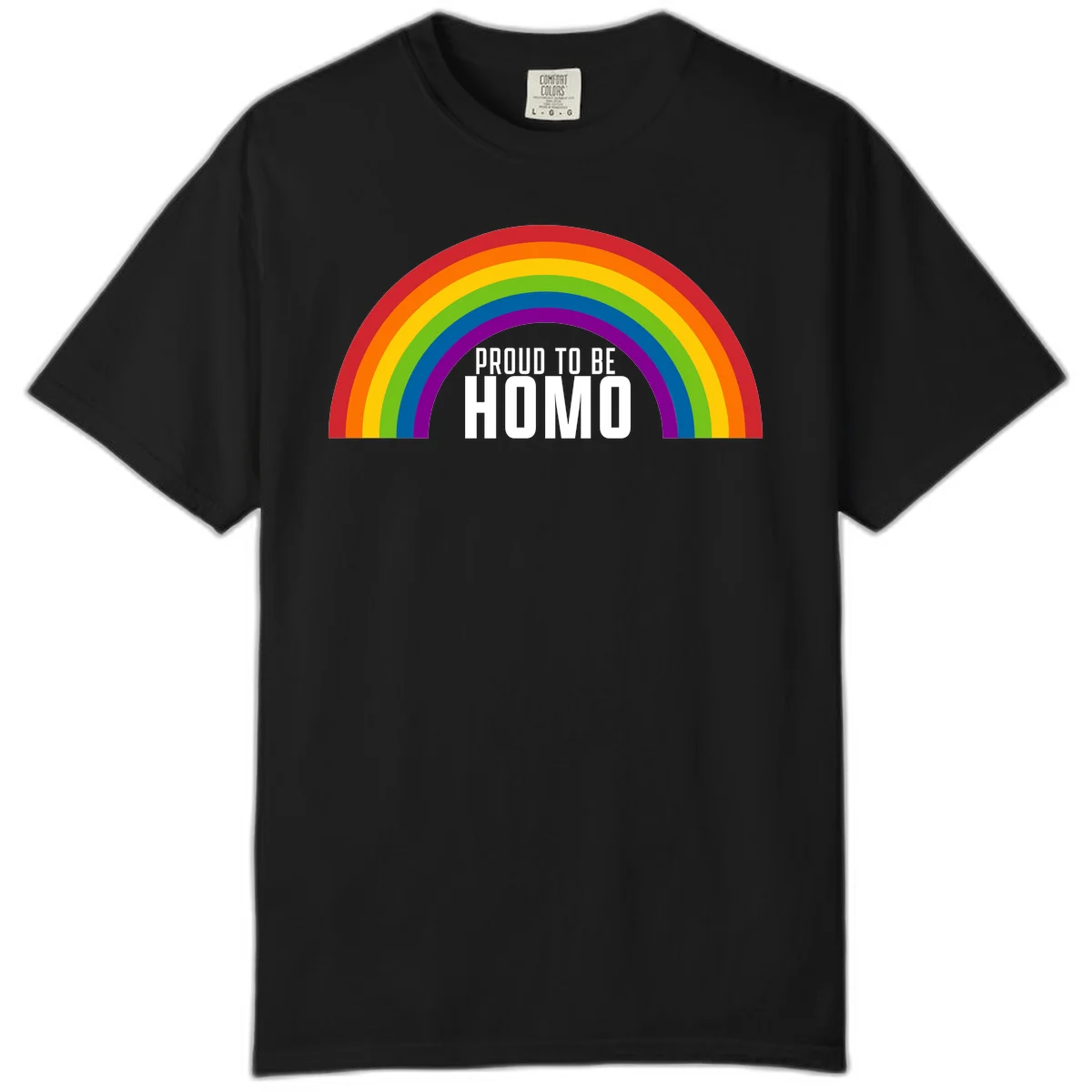 Proud to be homo design: rainbow arc in pride colors frames white text on gray background in Black