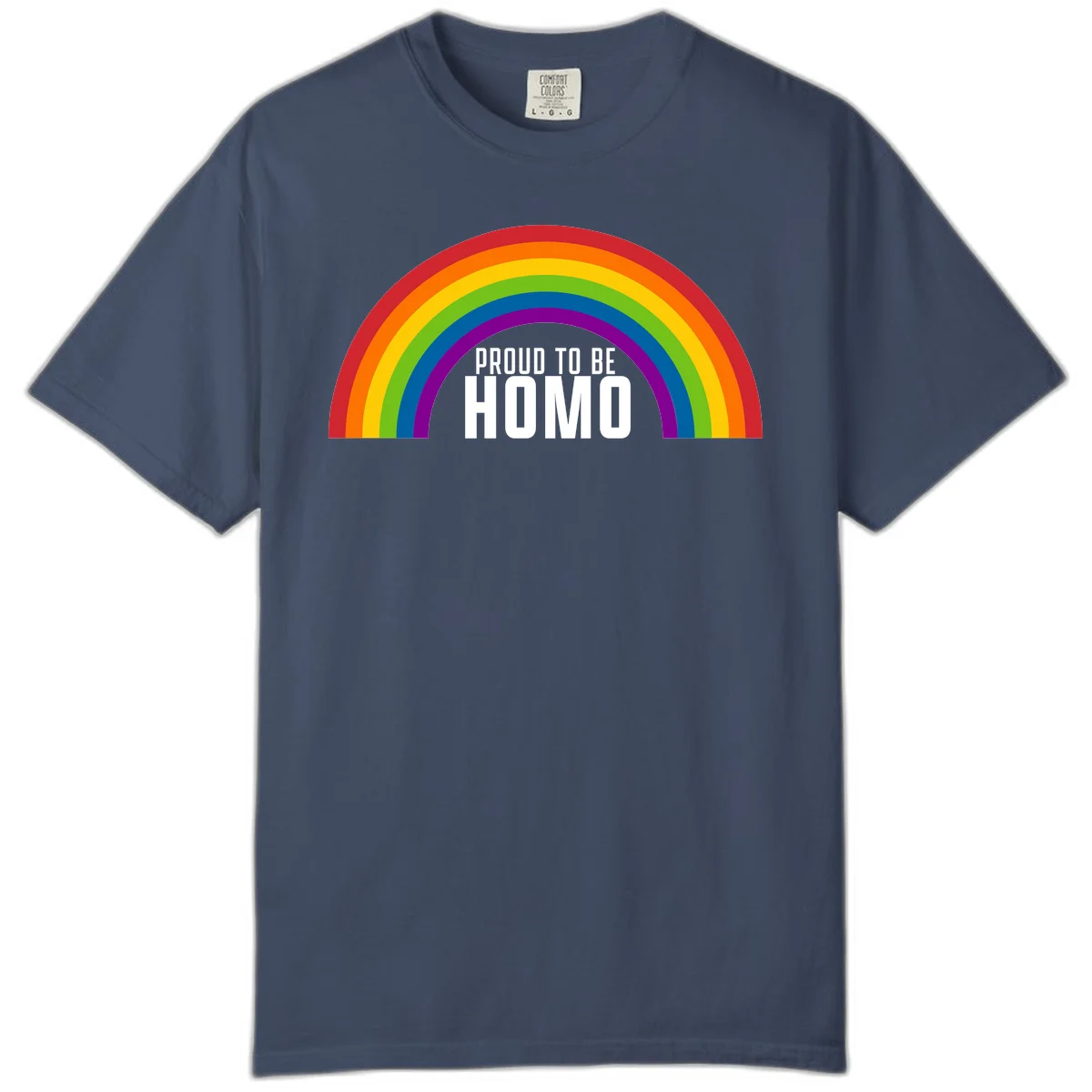 Proud to be homo design: rainbow arc in pride colors frames white text on gray background in Midnight
