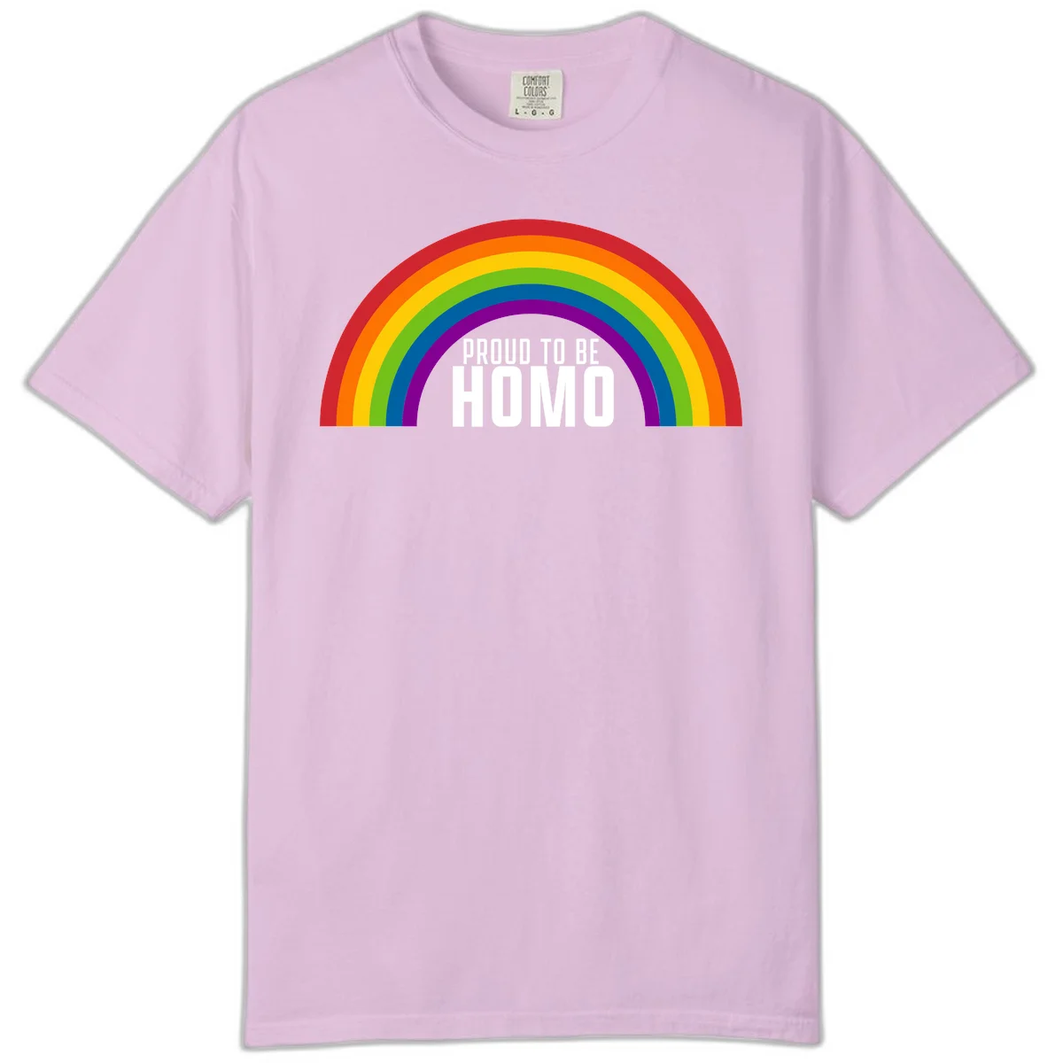 Proud to be homo design: rainbow arc in pride colors frames white text on gray background in Orchid