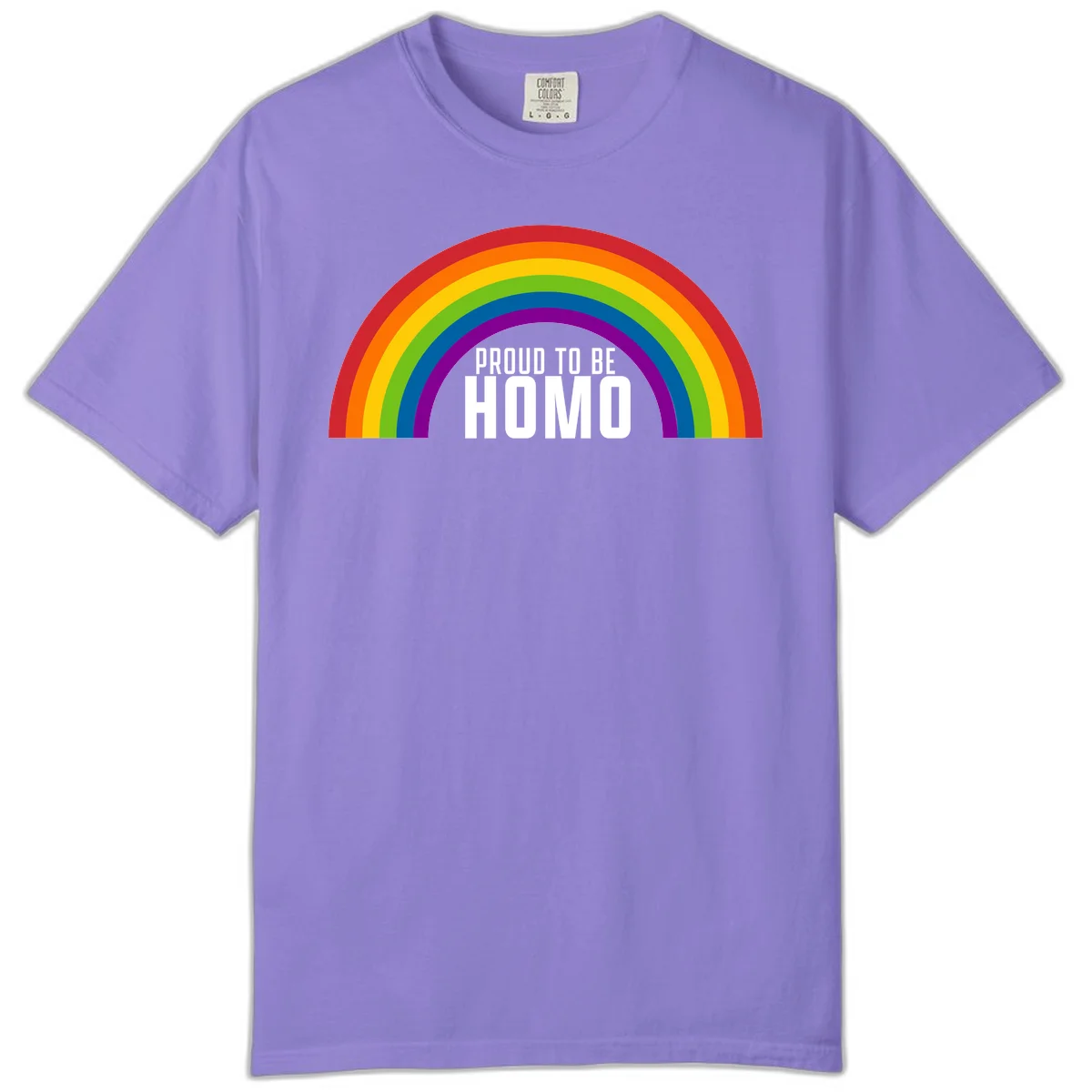 Proud to be homo design: rainbow arc in pride colors frames white text on gray background in Violet