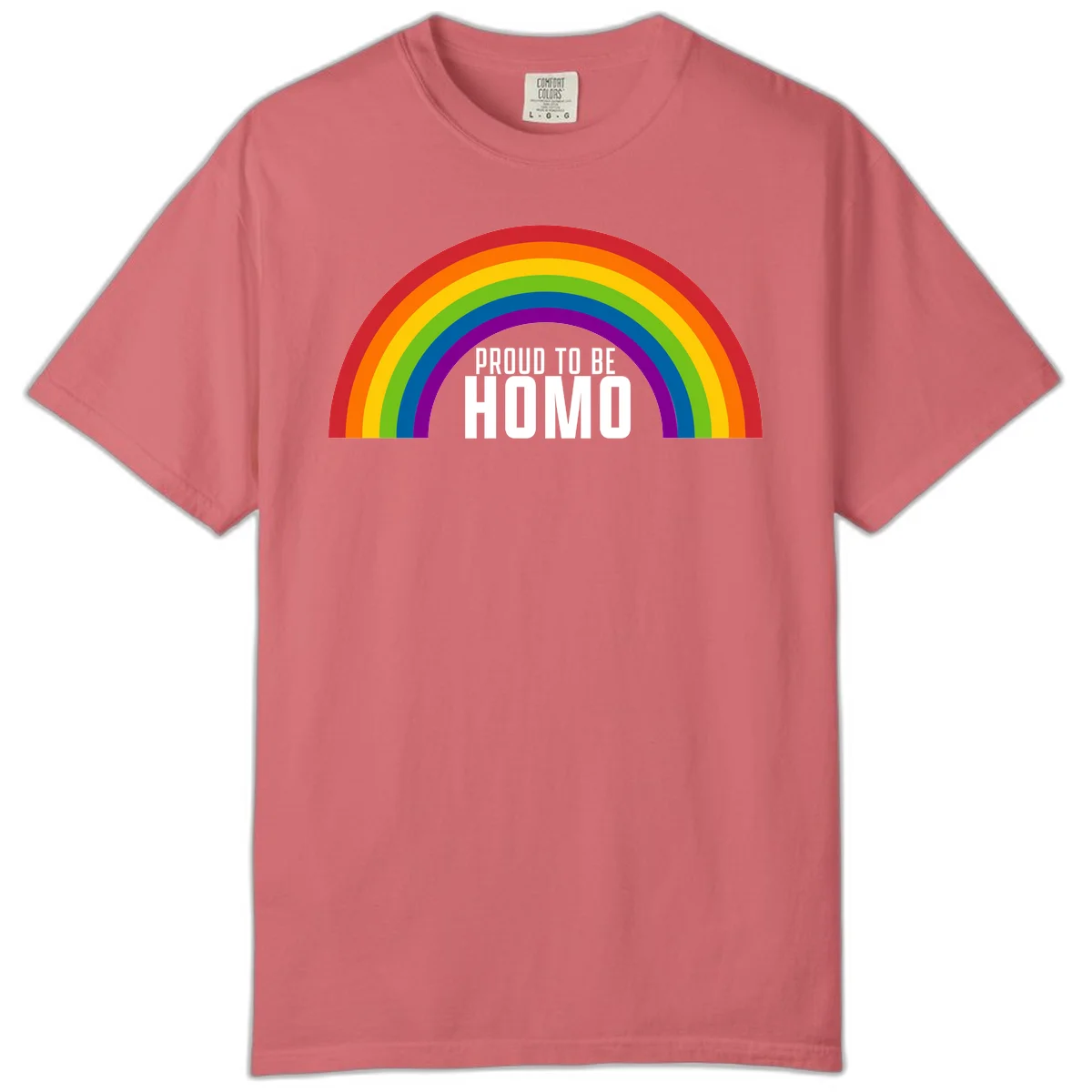 Proud to be homo design: rainbow arc in pride colors frames white text on gray background in Watermelon