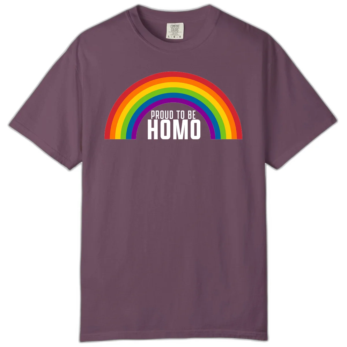 Proud to be homo design: rainbow arc in pride colors frames white text on gray background in Berry