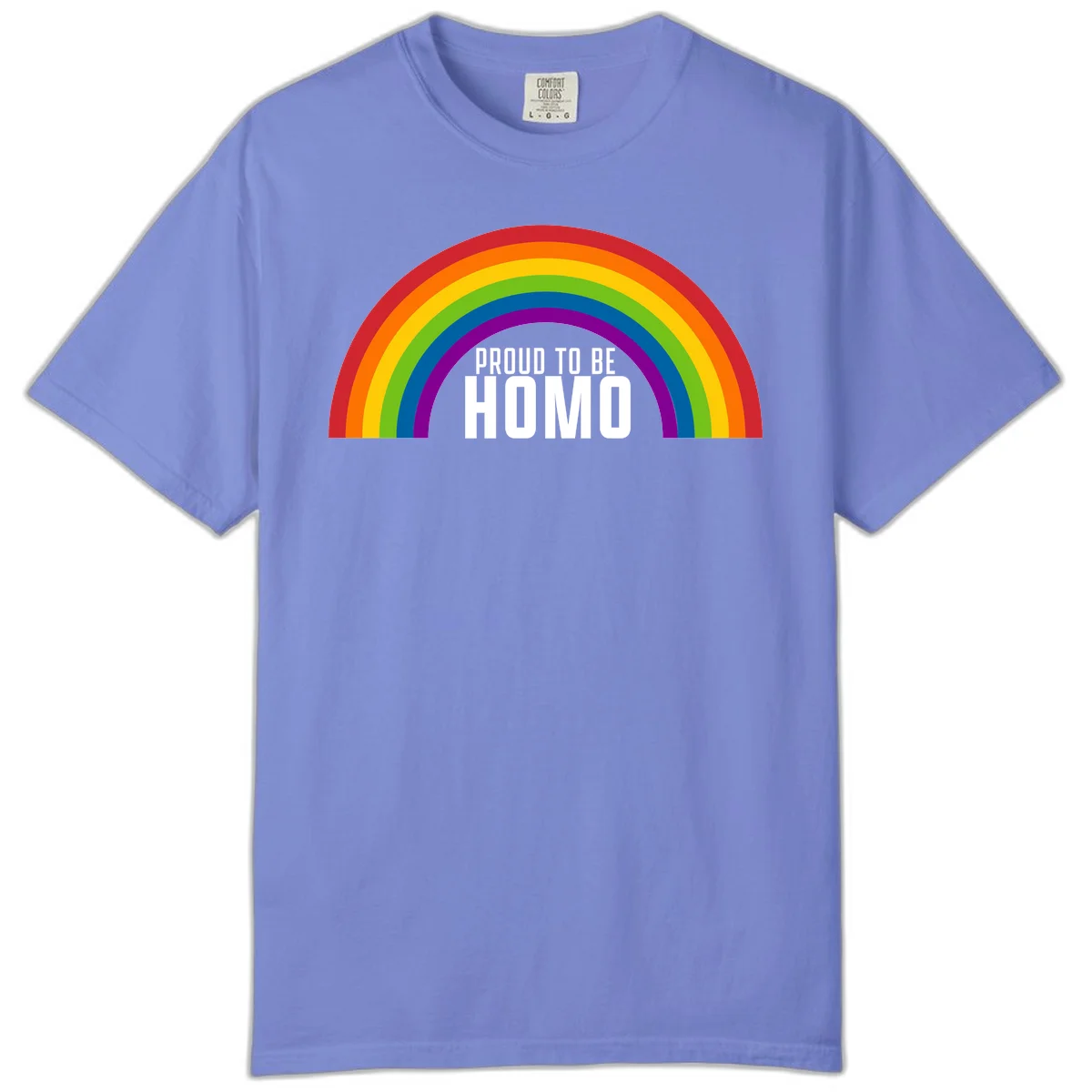 Proud to be homo design: rainbow arc in pride colors frames white text on gray background in Flo Blue
