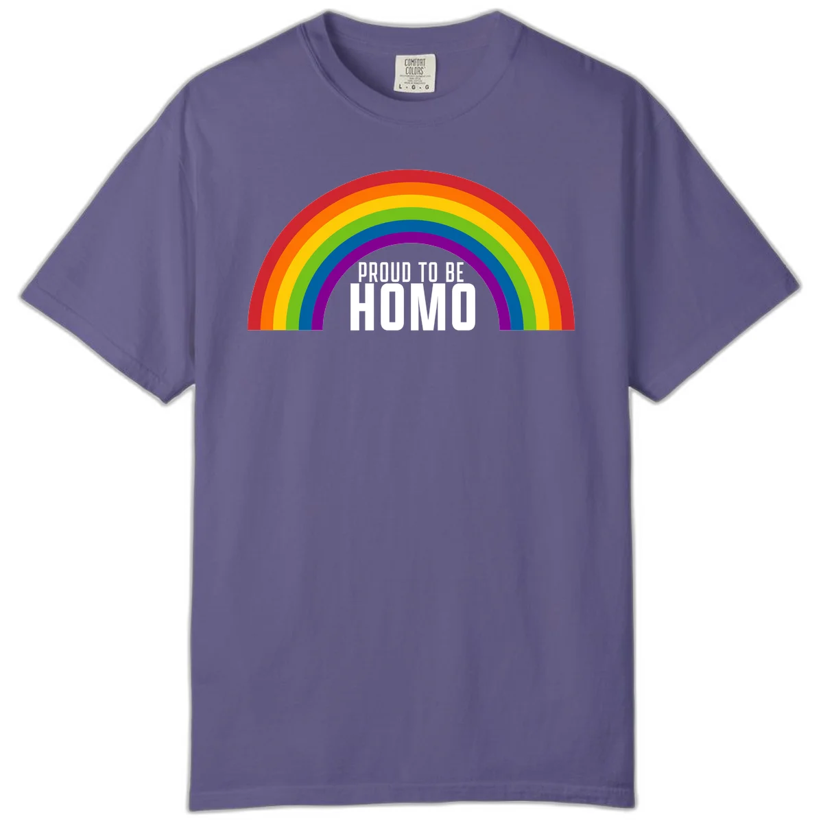 Proud to be homo design: rainbow arc in pride colors frames white text on gray background in Grape