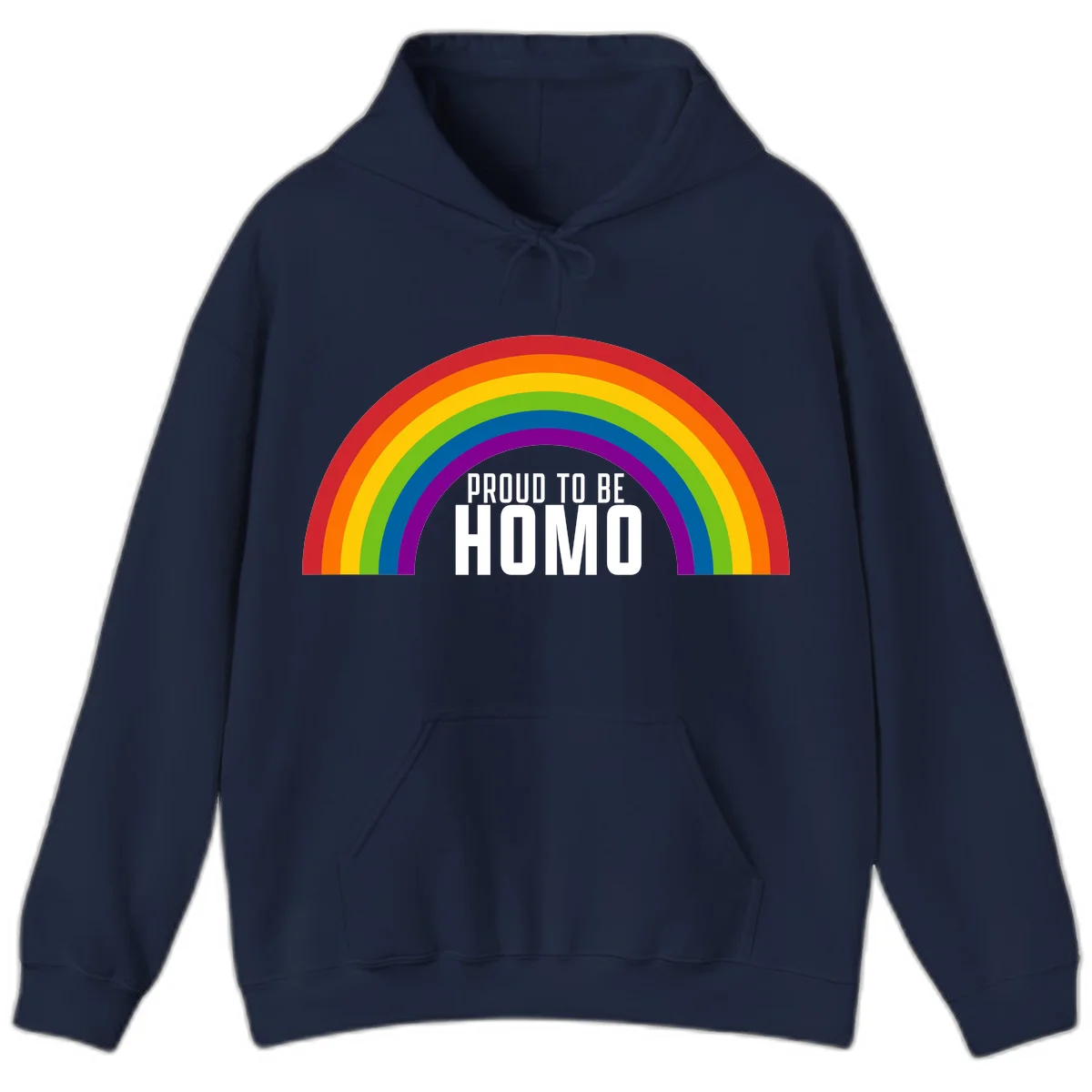 Proud to be homo design: rainbow arc in pride colors frames white text on gray background in Navy