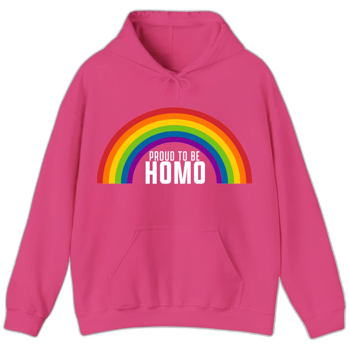 Proud to be homo design: rainbow arc in pride colors frames white text on gray background in Heliconia