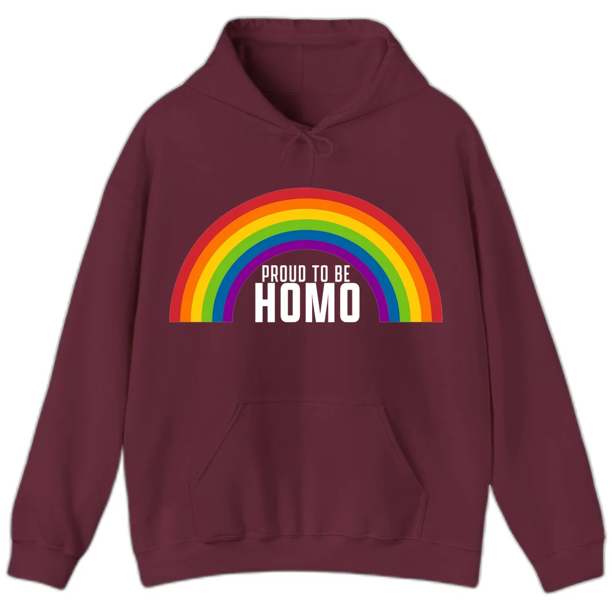 Proud to be homo design: rainbow arc in pride colors frames white text on gray background in Maroon