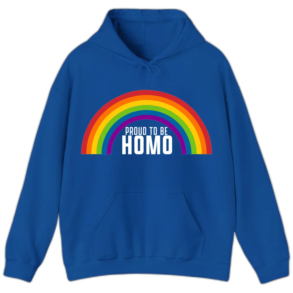 Proud to be homo design: rainbow arc in pride colors frames white text on gray background in Royal