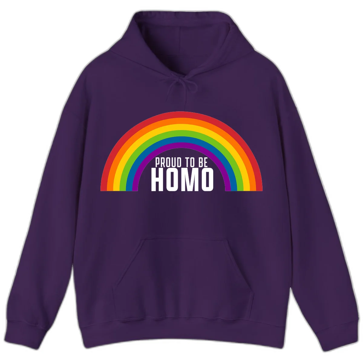 Proud to be homo design: rainbow arc in pride colors frames white text on gray background in Purple