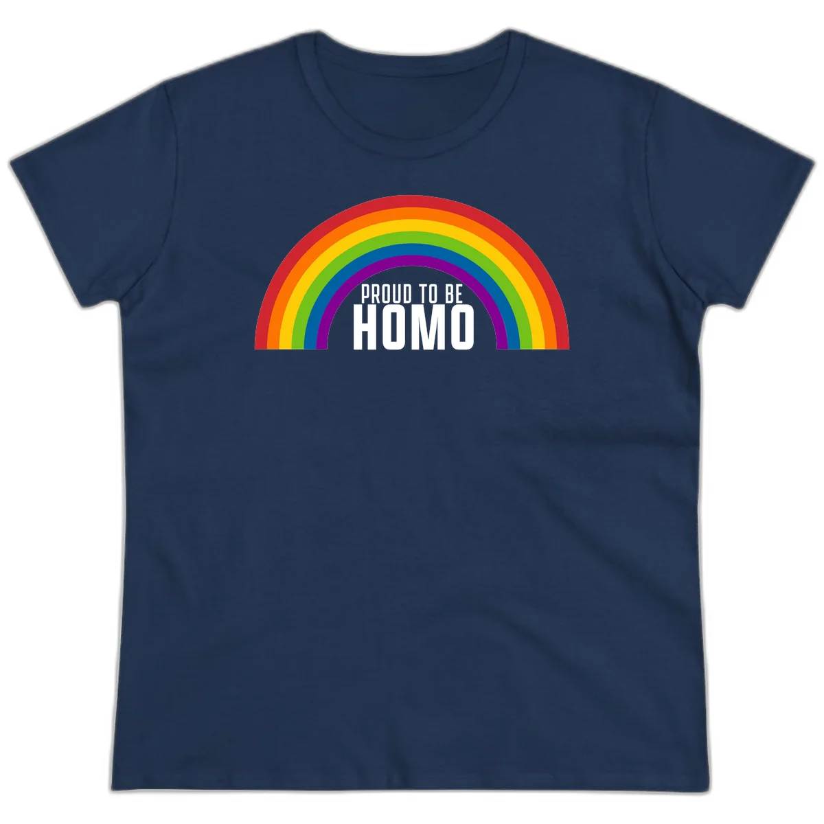 Proud to be homo design: rainbow arc in pride colors frames white text on gray background in Navy