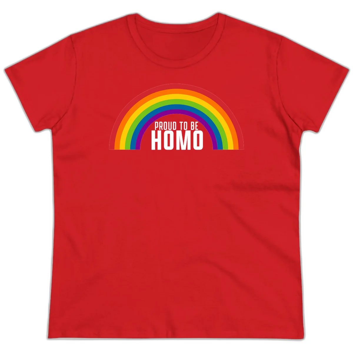 Proud to be homo design: rainbow arc in pride colors frames white text on gray background in Red