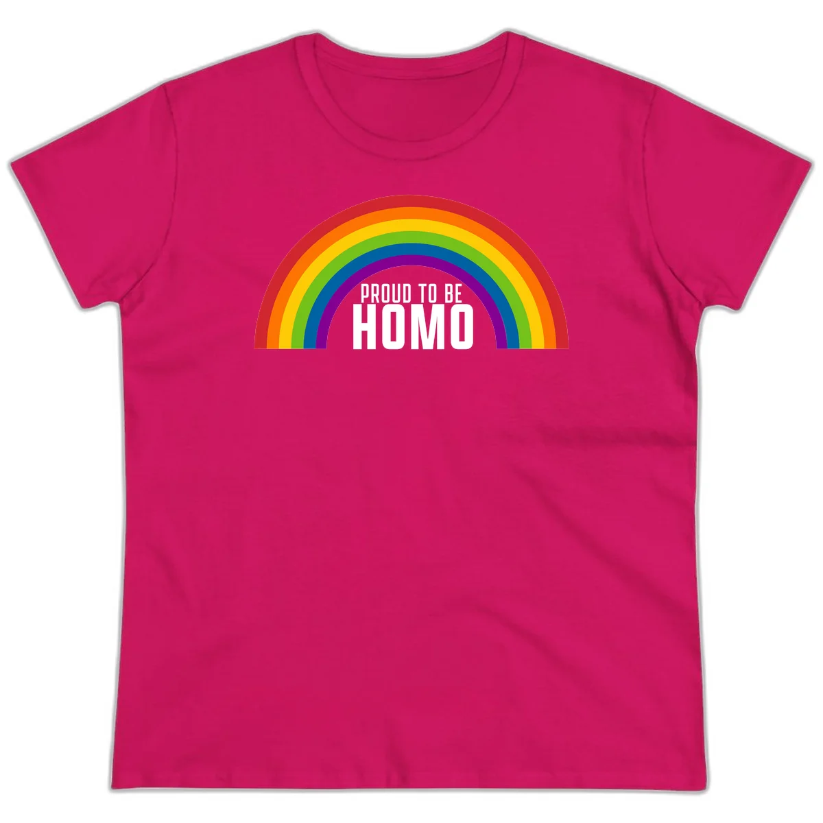 Proud to be homo design: rainbow arc in pride colors frames white text on gray background in Heliconia