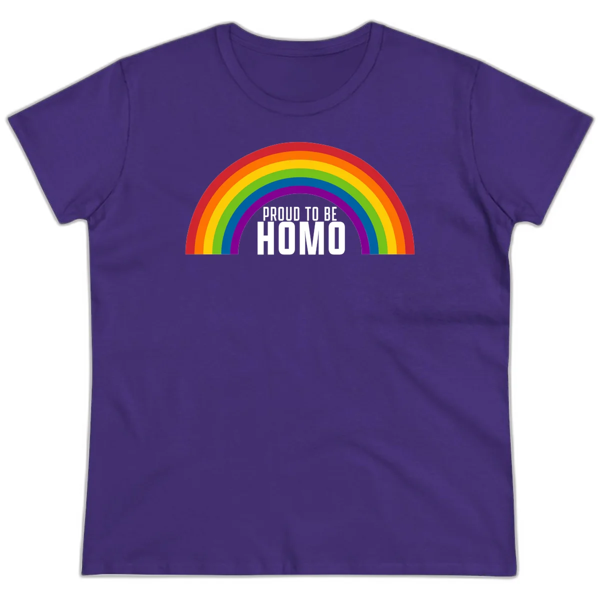 Proud to be homo design: rainbow arc in pride colors frames white text on gray background in Purple