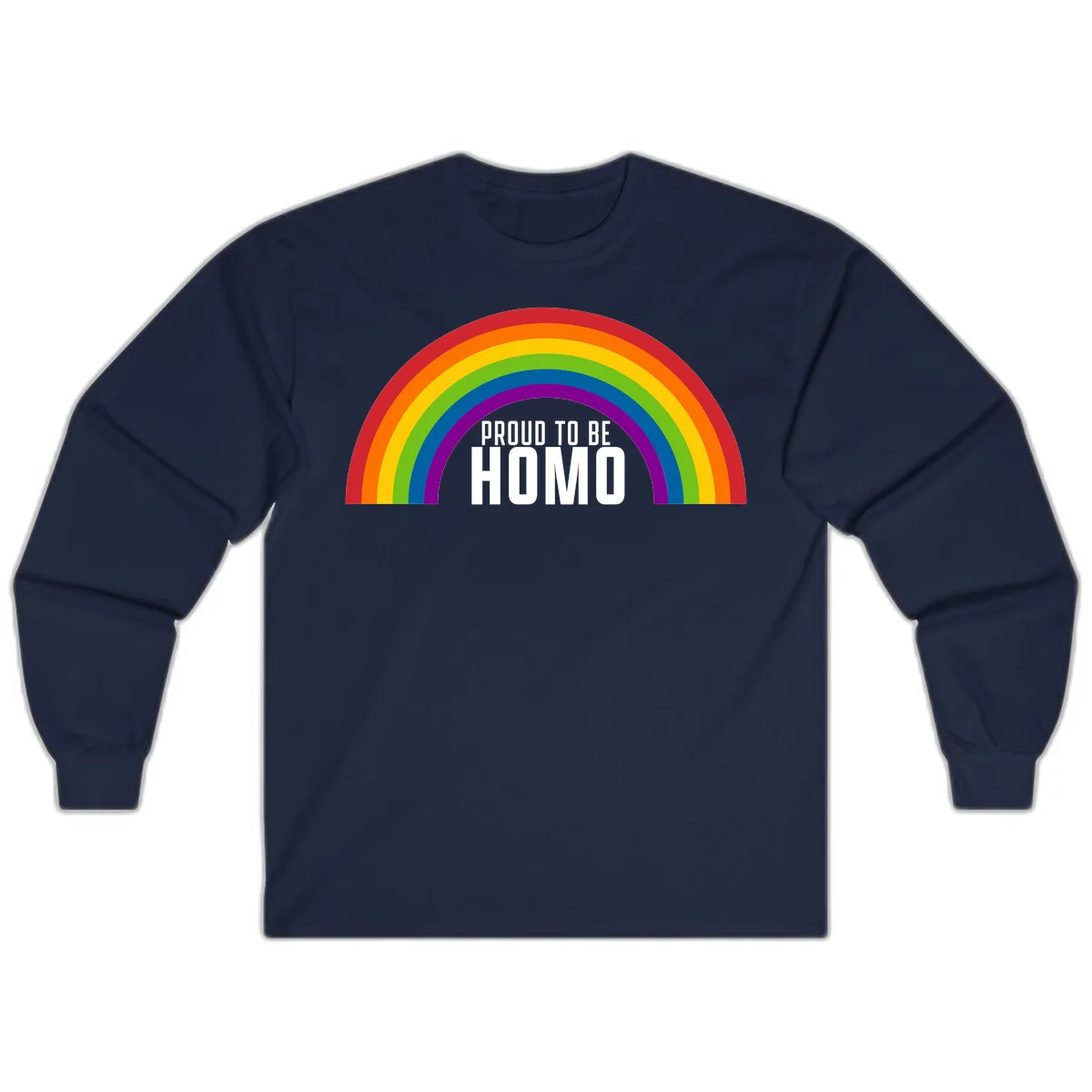 Proud to be homo design: rainbow arc in pride colors frames white text on gray background in Navy