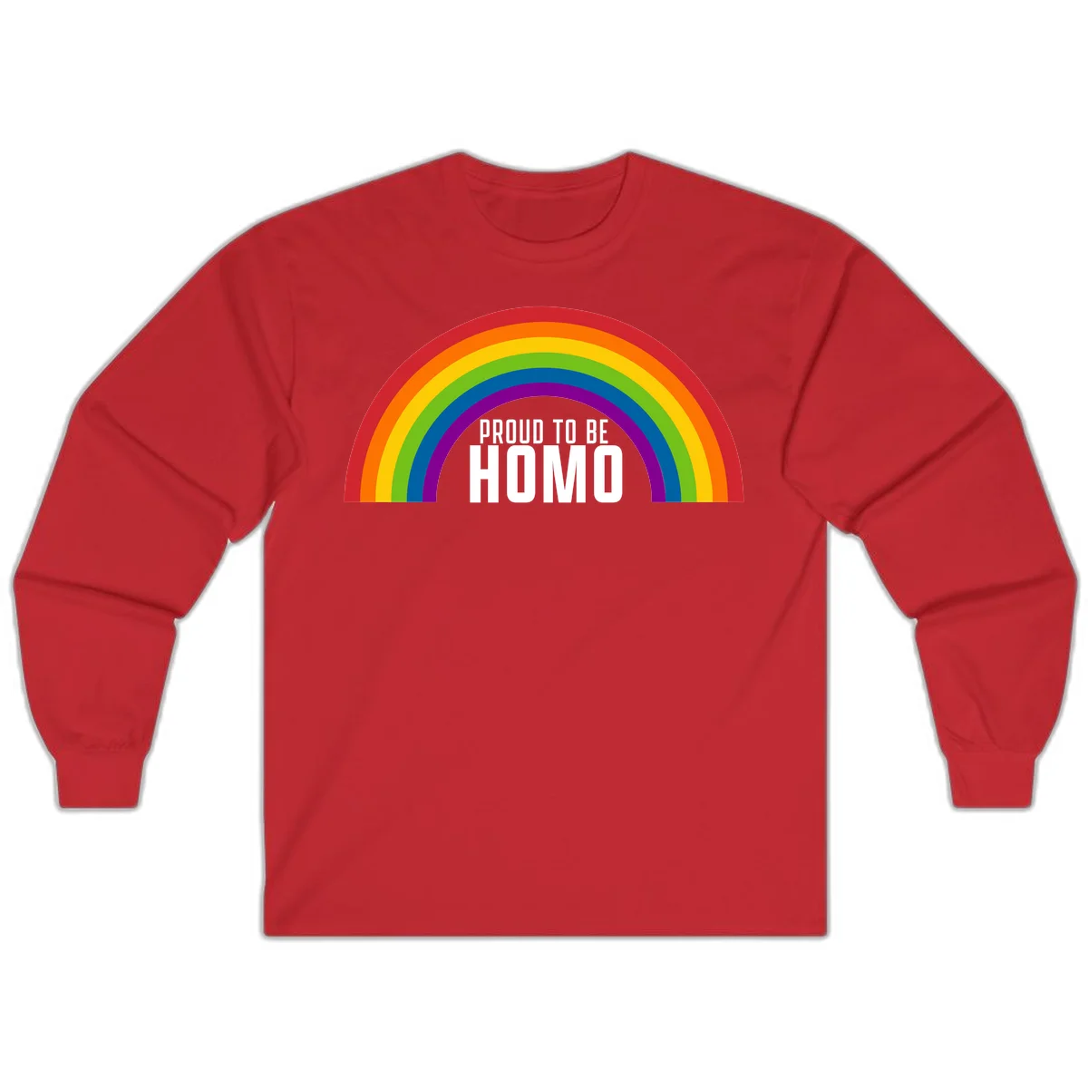 Proud to be homo design: rainbow arc in pride colors frames white text on gray background in Red