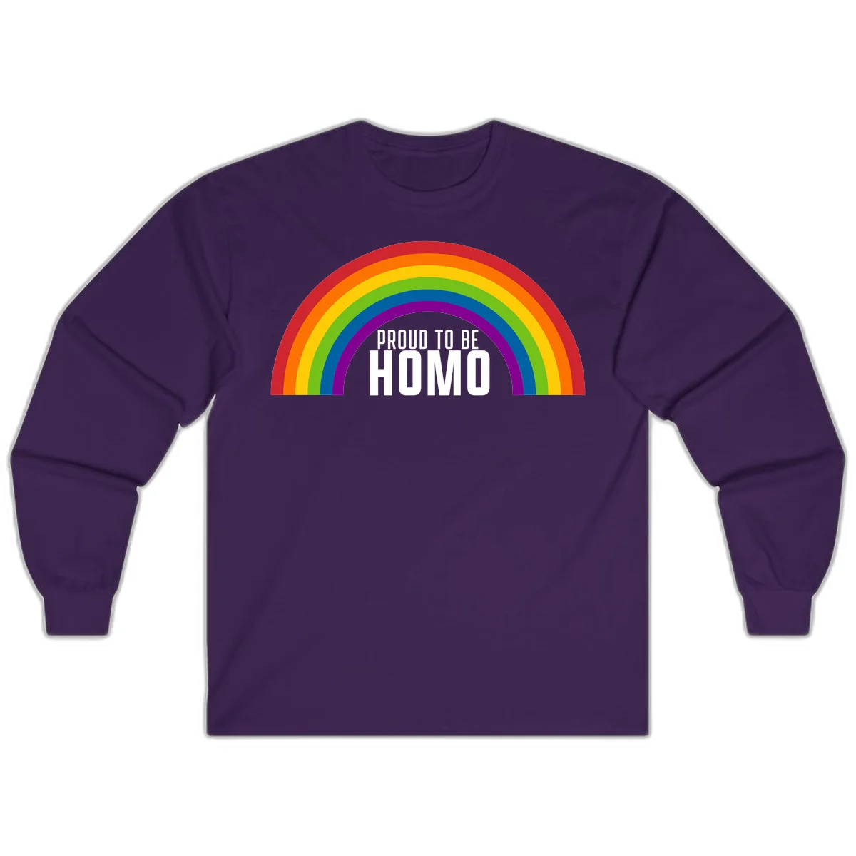 Proud to be homo design: rainbow arc in pride colors frames white text on gray background in Purple