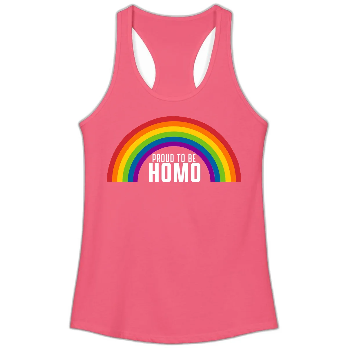 Proud to be homo design: rainbow arc in pride colors frames white text on gray background in Hot Pink