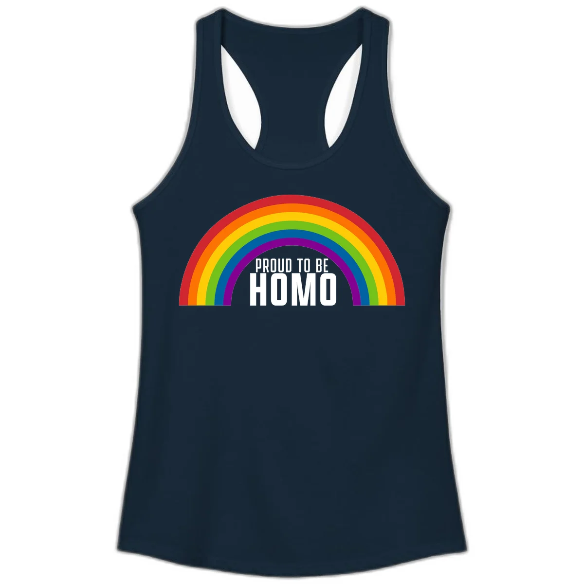 Proud to be homo design: rainbow arc in pride colors frames white text on gray background in Solid Midnight Navy