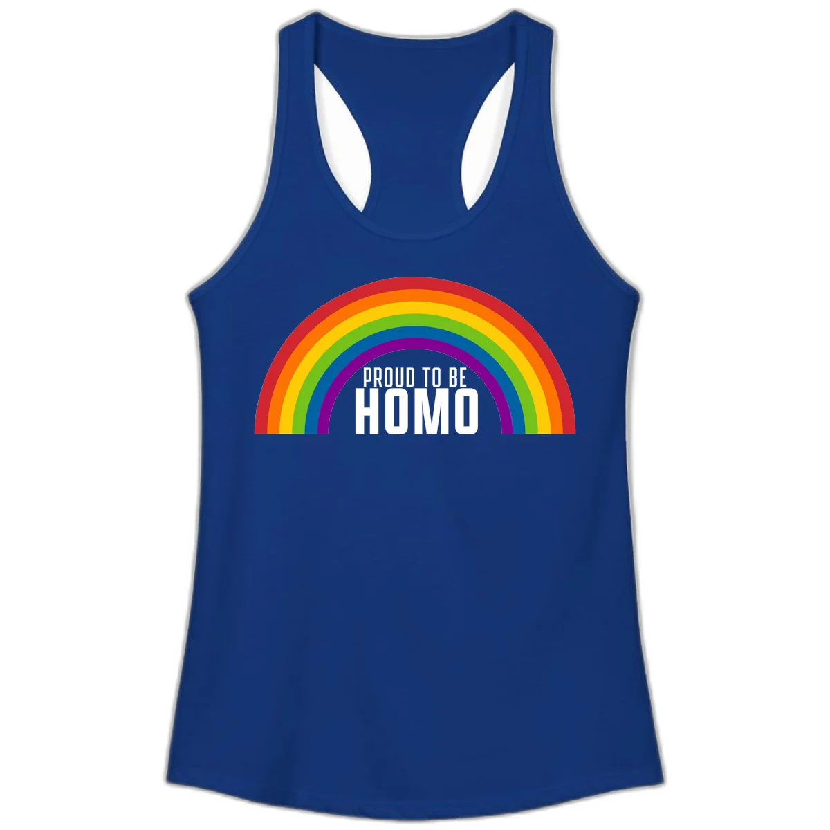 Proud to be homo design: rainbow arc in pride colors frames white text on gray background in Solid Royal
