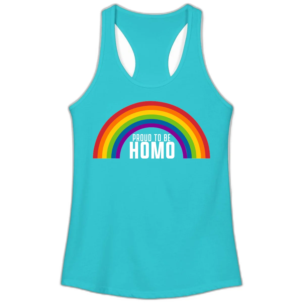 Proud to be homo design: rainbow arc in pride colors frames white text on gray background in Solid Tahiti Blue