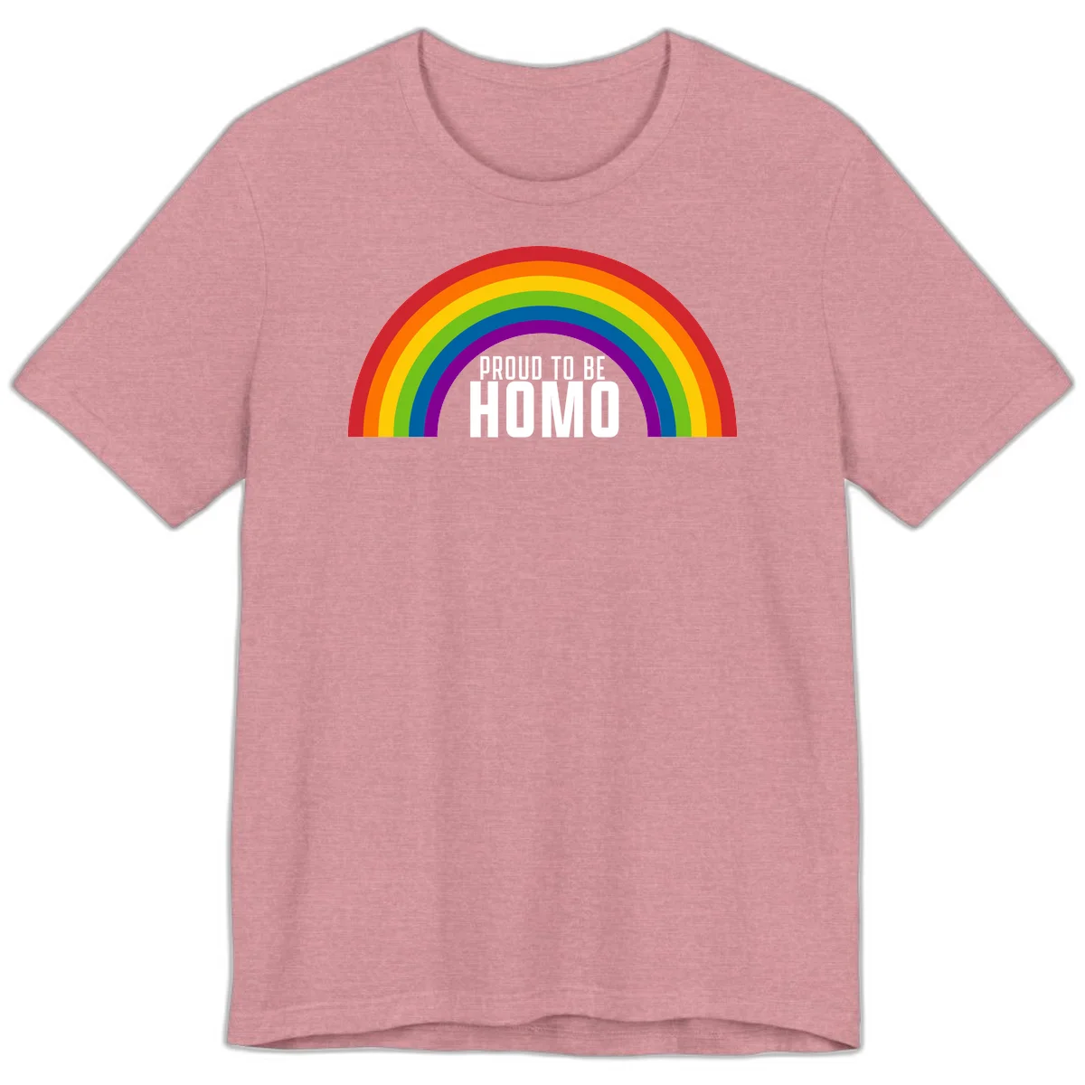 Proud to be homo design: rainbow arc in pride colors frames white text on gray background in Heather Orchid