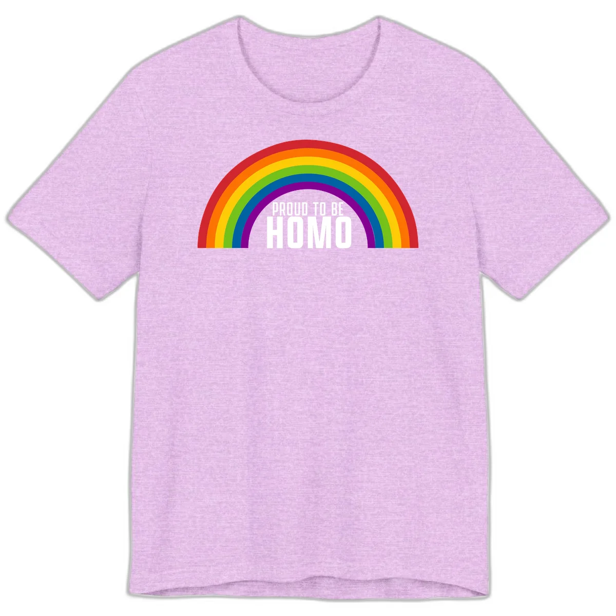 Proud to be homo design: rainbow arc in pride colors frames white text on gray background in Heather Prism Lilac