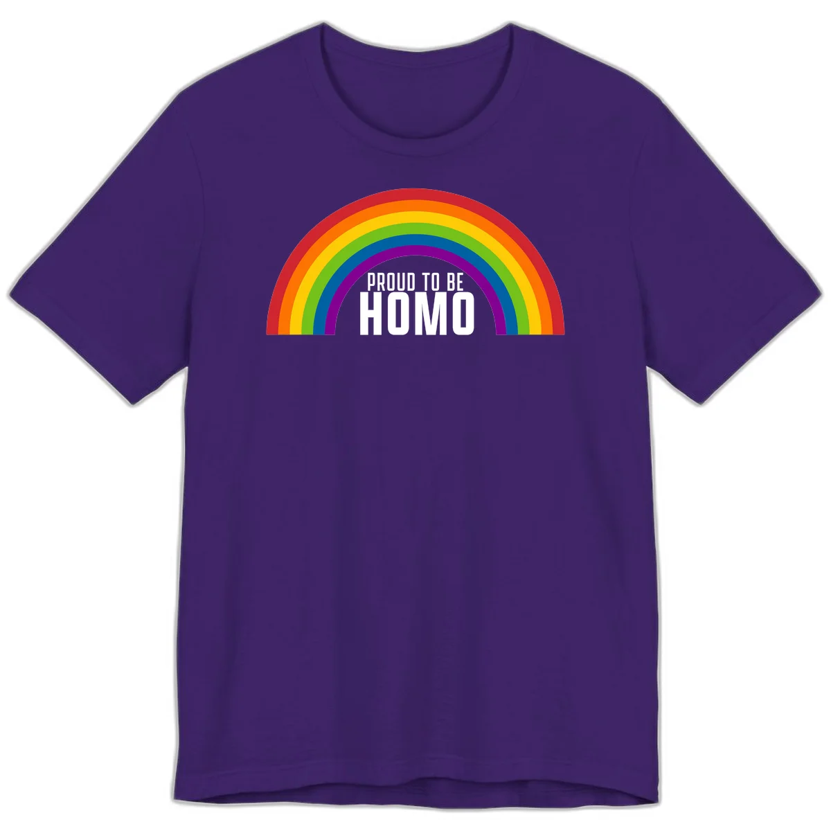 Proud to be homo design: rainbow arc in pride colors frames white text on gray background in Team Purple