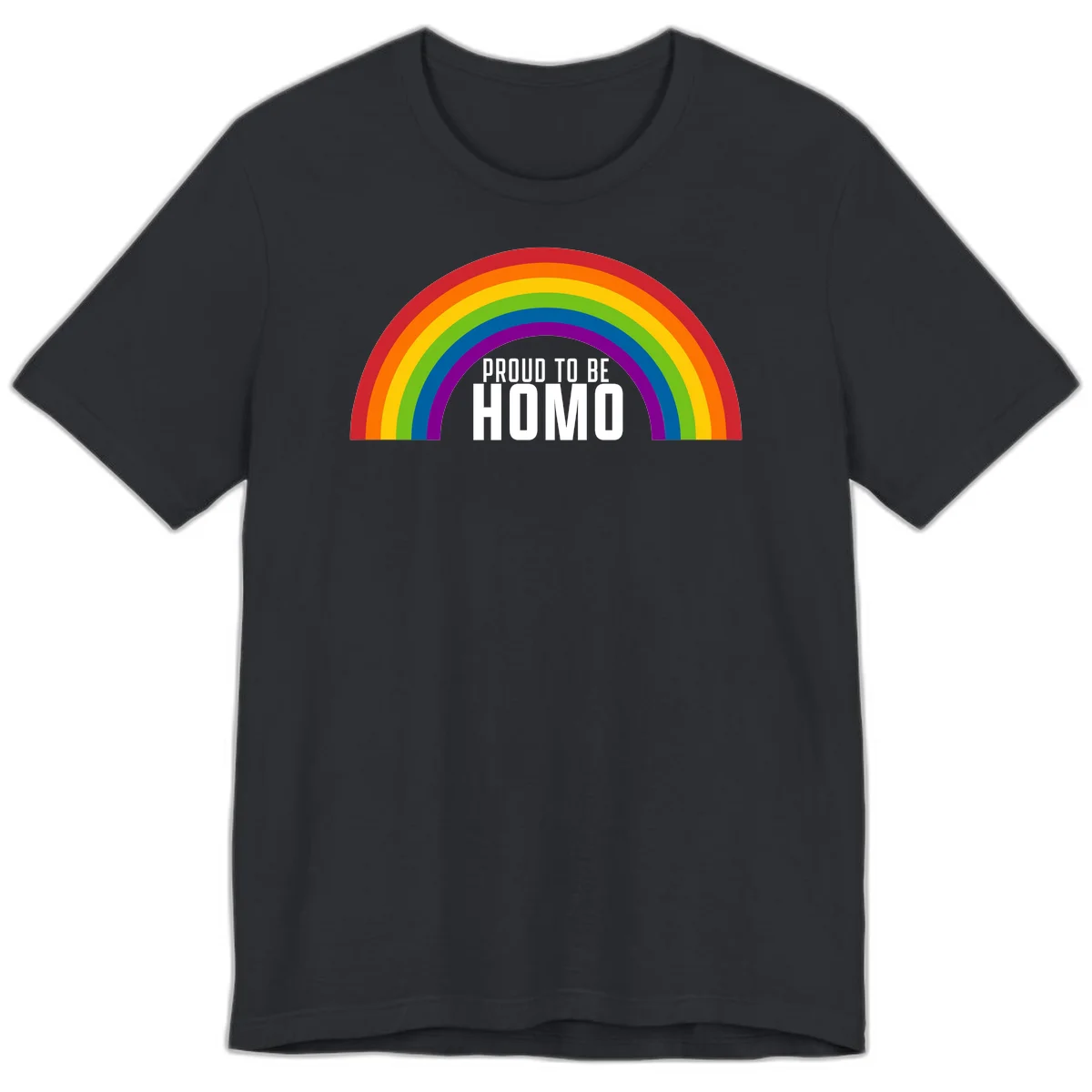 Proud to be homo design: rainbow arc in pride colors frames white text on gray background in Vintage Black