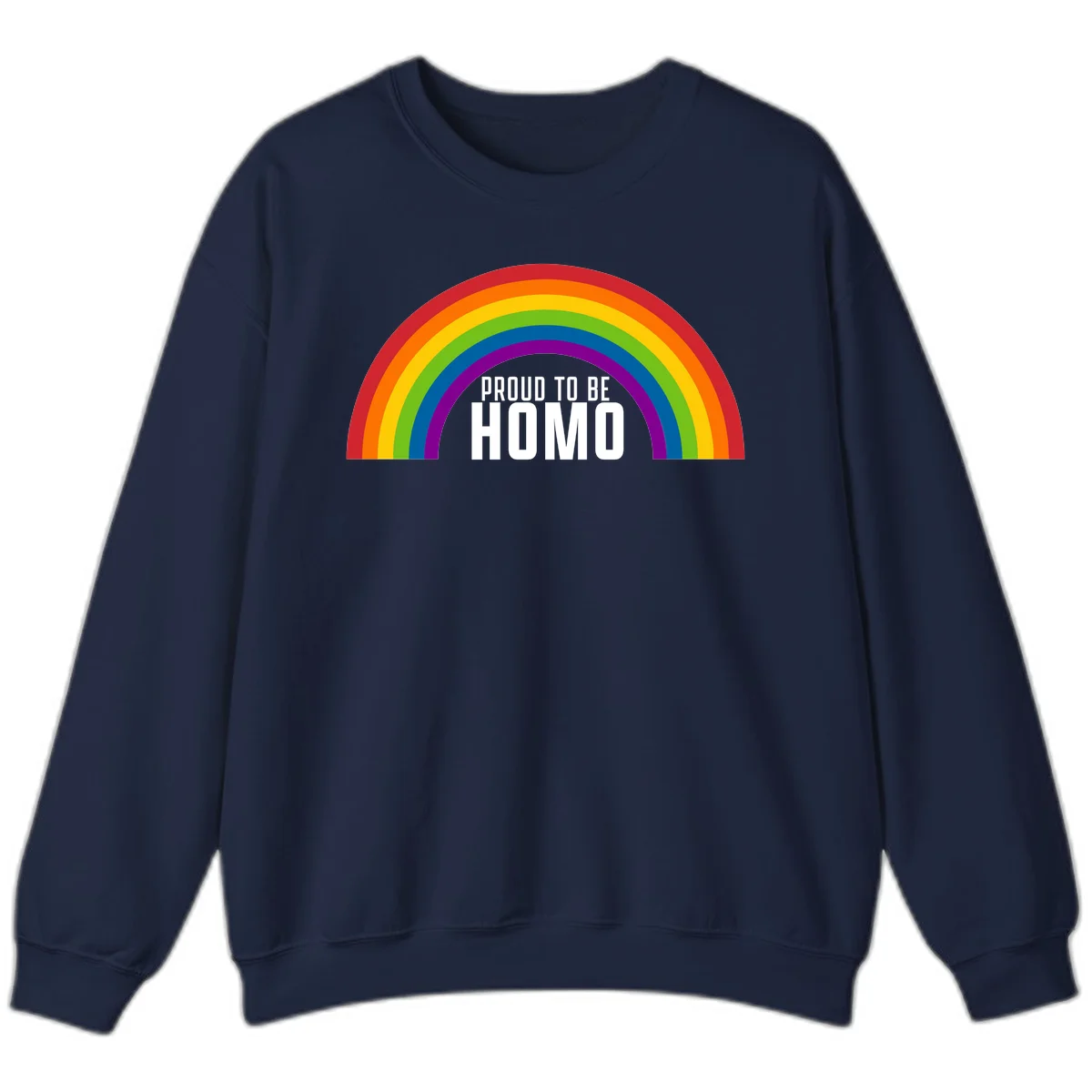 Proud to be homo design: rainbow arc in pride colors frames white text on gray background in Navy