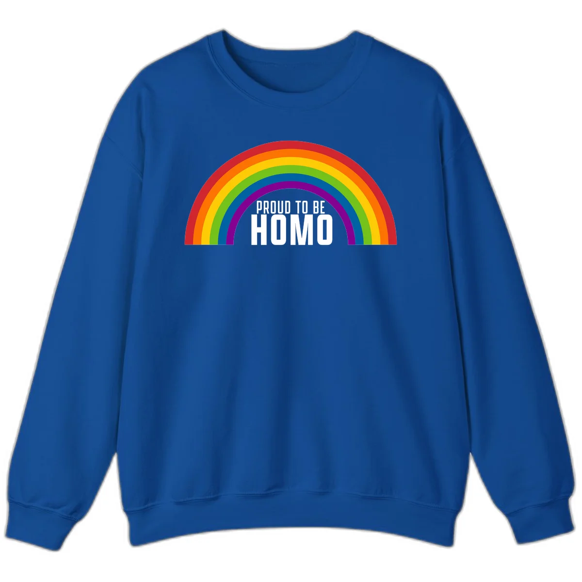 Proud to be homo design: rainbow arc in pride colors frames white text on gray background in Royal