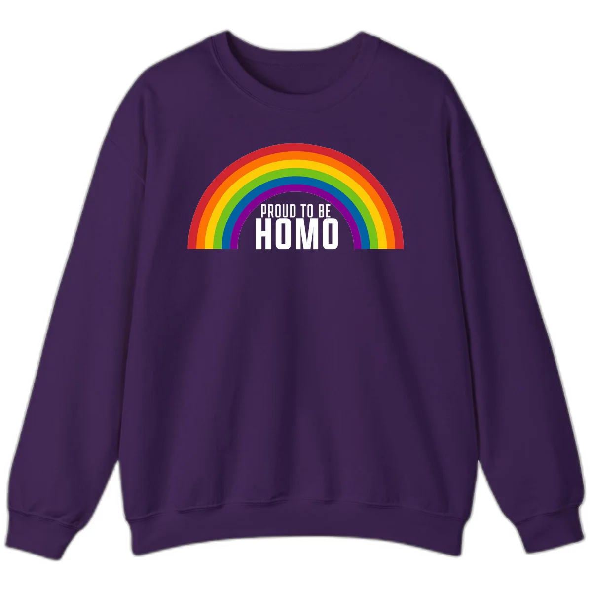 Proud to be homo design: rainbow arc in pride colors frames white text on gray background in Purple
