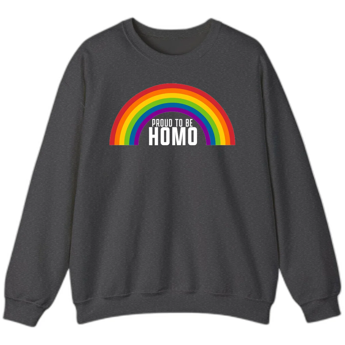 Proud to be homo design: rainbow arc in pride colors frames white text on gray background in Dark Heather