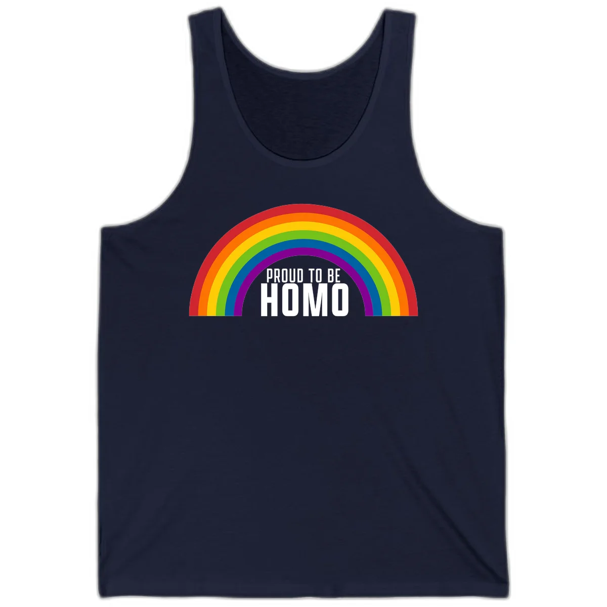 Proud to be homo design: rainbow arc in pride colors frames white text on gray background in Navy