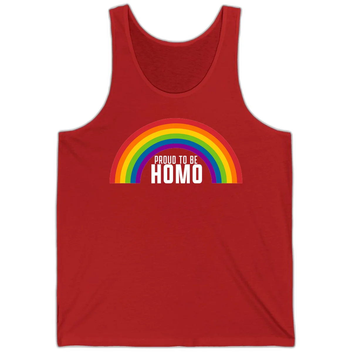 Proud to be homo design: rainbow arc in pride colors frames white text on gray background in Red