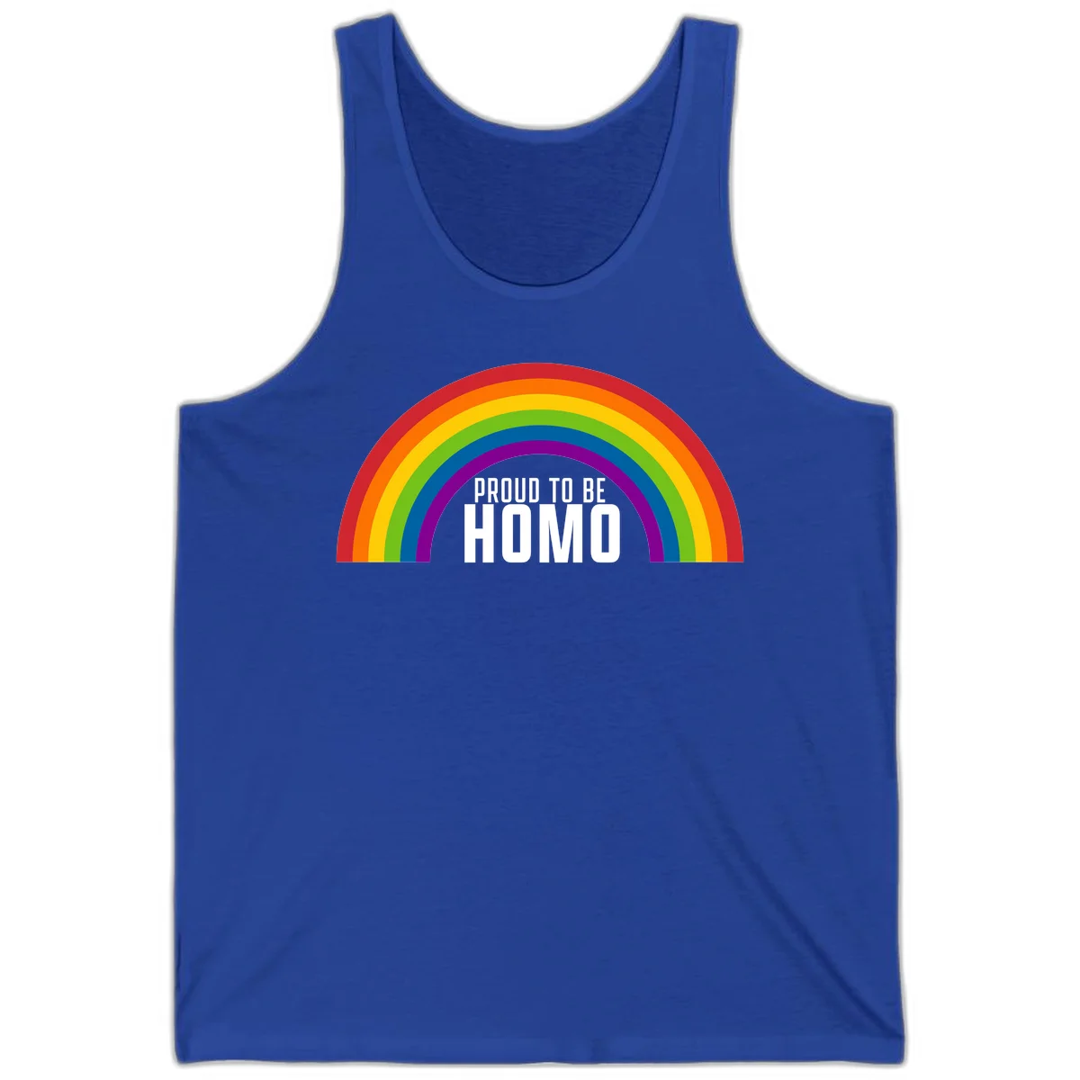 Proud to be homo design: rainbow arc in pride colors frames white text on gray background in True Royal