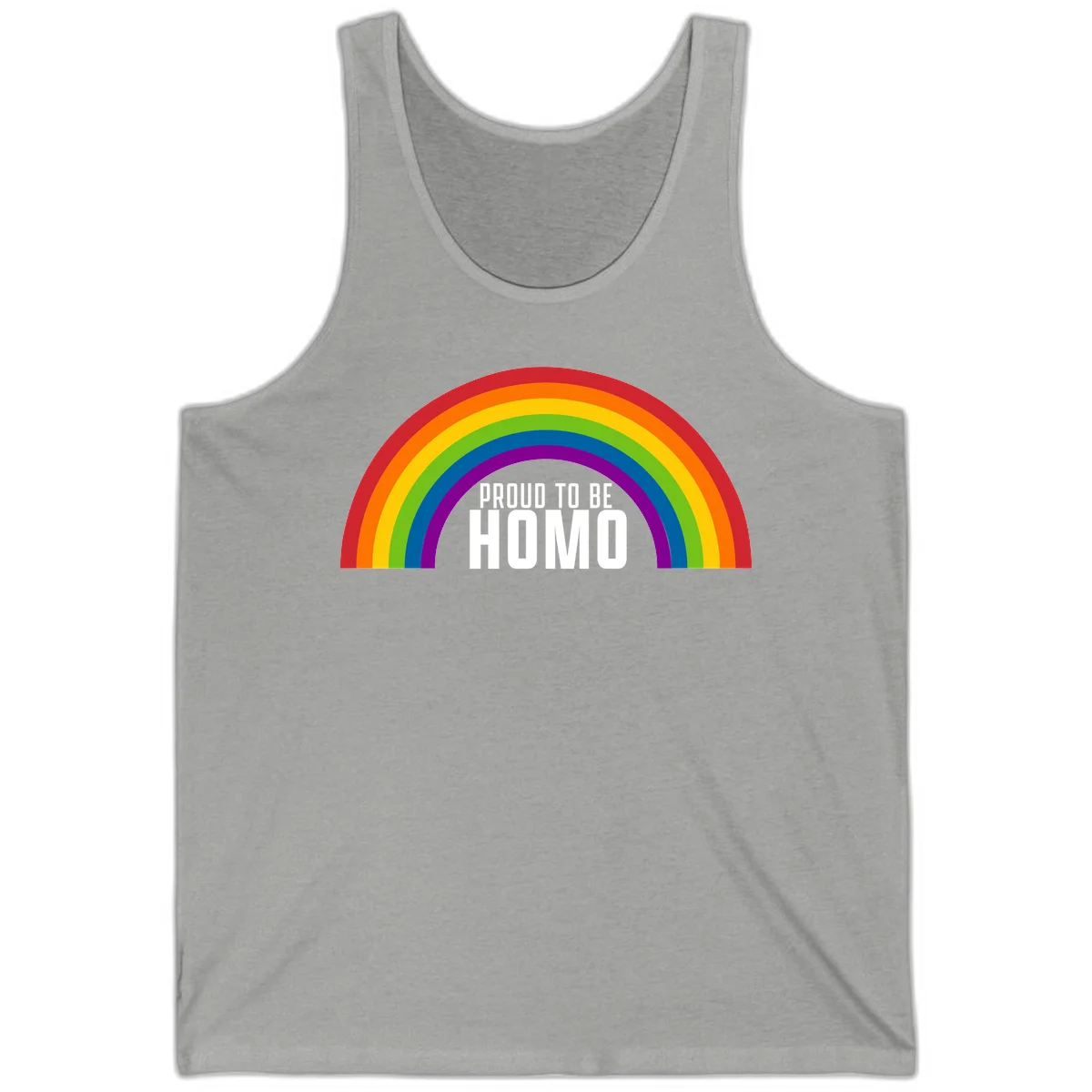 Proud to be homo design: rainbow arc in pride colors frames white text on gray background in Athletic Heather