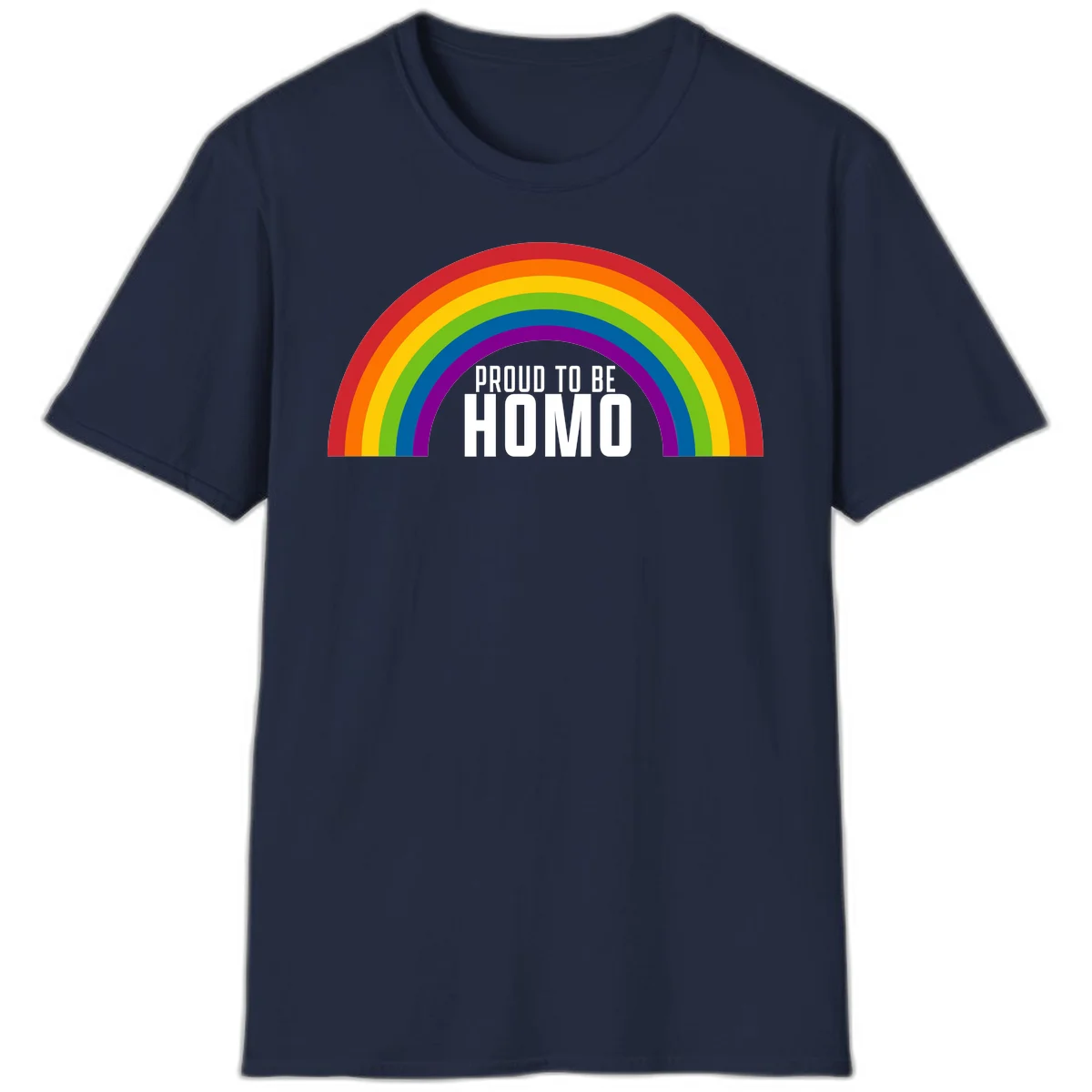 Proud to be homo design: rainbow arc in pride colors frames white text on gray background in Navy