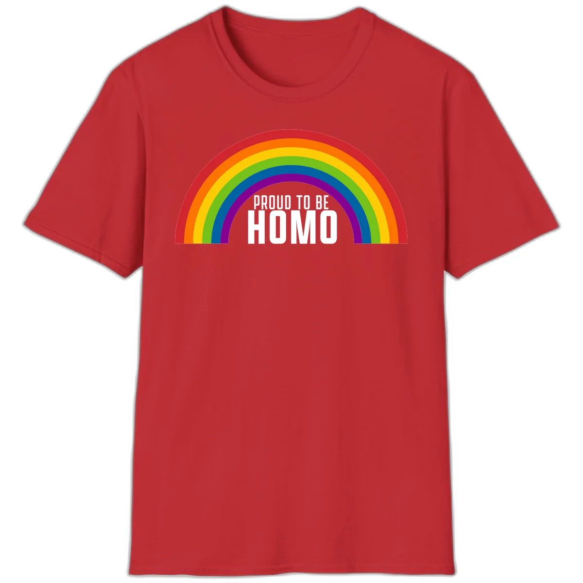 Proud to be homo design: rainbow arc in pride colors frames white text on gray background in Red