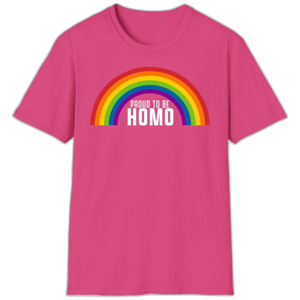 Proud to be homo design: rainbow arc in pride colors frames white text on gray background in Heliconia